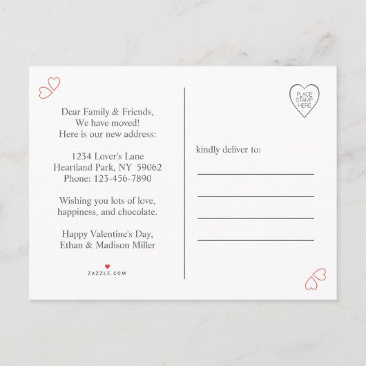 任意の文字バレンタインデー新しいアドレス写真の移動 案内ポストカード (裏面)