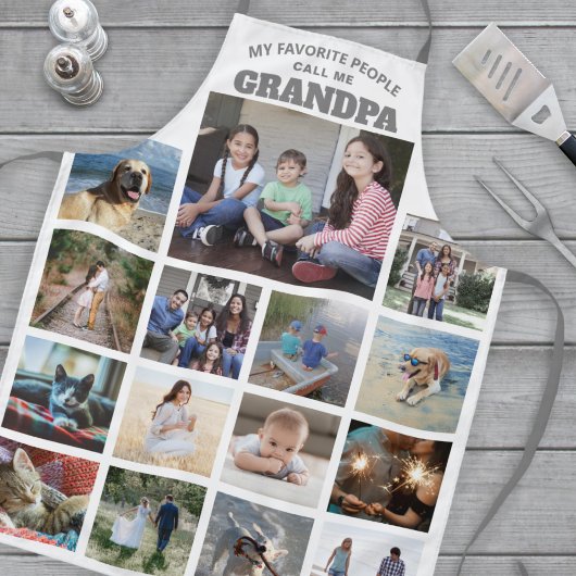 任意の文字ファミリーフォトコラージグランパグレー&ホワイト エプロン