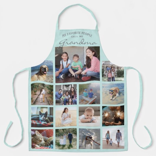 任意の文字ファミリーフォトコラージング祖母ティール(緑がかった色)ブルー エプロン (正面)