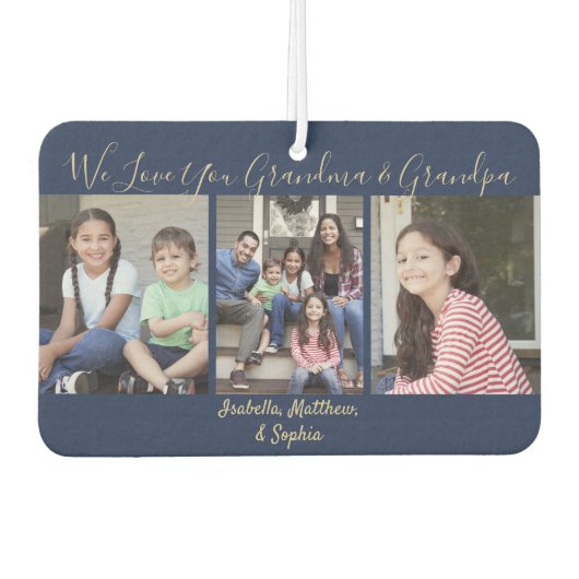 任意の文字ファミリー4 Photo Collage Navy & 金ゴールドハート カーエアーフレッシュナー (正面)