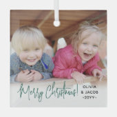 任意の文字フォトオーバーレイモダンのシンプル緑のスクリプト ガラスオーナメント (正面)