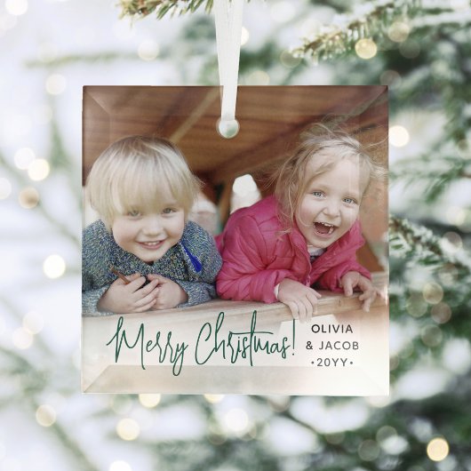 任意の文字フォトオーバーレイモダンのシンプル緑のスクリプト ガラスオーナメント