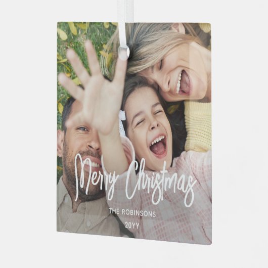 任意の文字フォトオーバーレイモダンブラシ付きホワイトスクリプト ガラスオーナメント (正面左)