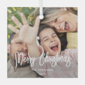 任意の文字フォトオーバーレイモダンブラシ付きホワイトスクリプト ガラスオーナメント (正面)