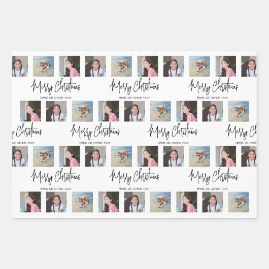 任意の文字フォトコラージュ白黒クリスマス ラッピングペーパーシート (正面)