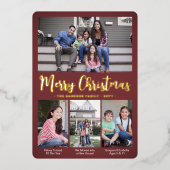 任意の文字ブルゴーニュ4フォトコラージクリスマススクリプト 箔シーズンカード (正面)