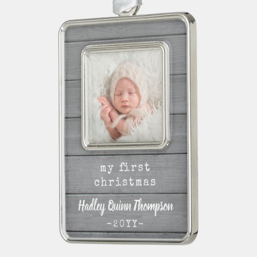 任意の文字ベビー素朴フォトグフェイクレーウッド私の最初 シルバープレートフレームオーナメント (左)