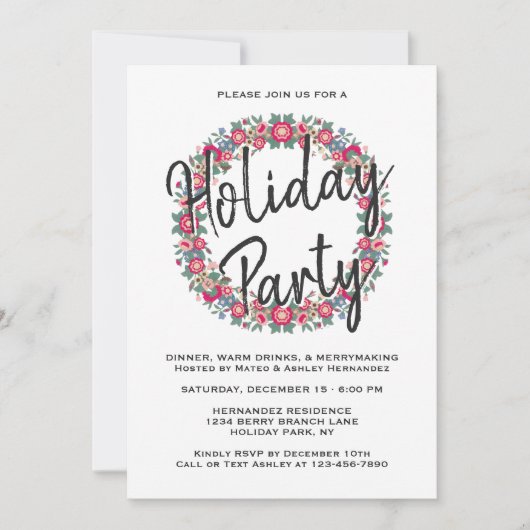 任意の文字ホリデーフローラリースレッドクリスマスパーティー 招待状 (正面)