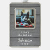 任意の文字ムウィクリスマスキャットフォトグレーフェイクウッド シルバープレートフレームオーナメント (正面)