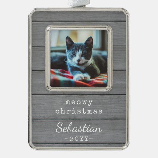 任意の文字ムウィクリスマスキャットフォトグレーフェイクウッド シルバープレートフレームオーナメント (正面)