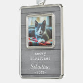任意の文字ムウィクリスマスキャットフォトグレーフェイクウッド シルバープレートフレームオーナメント (左)