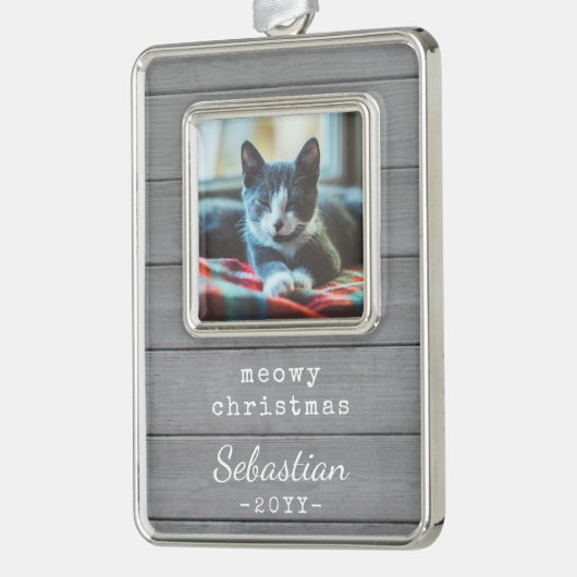 任意の文字ムウィクリスマスキャットフォトグレーフェイクウッド シルバープレートフレームオーナメント (左)