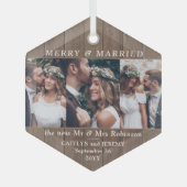 任意の文字メリー3写真結婚したと素朴Woodフェイク ガラスオーナメント (正面)