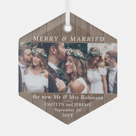 任意の文字メリー3写真結婚したと素朴Woodフェイク ガラスオーナメント (正面)