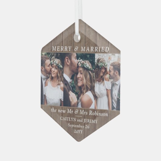任意の文字メリー3写真結婚したと素朴Woodフェイク ガラスオーナメント (正面左)