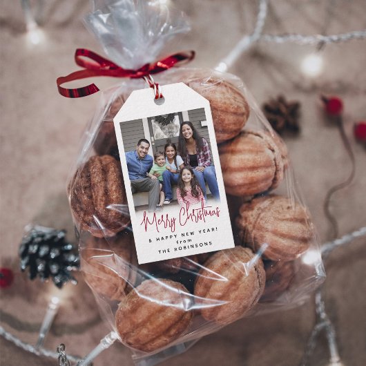 任意の文字モダンシンプルスクリプトとフォトフェスティバルレッド ギフトタグ