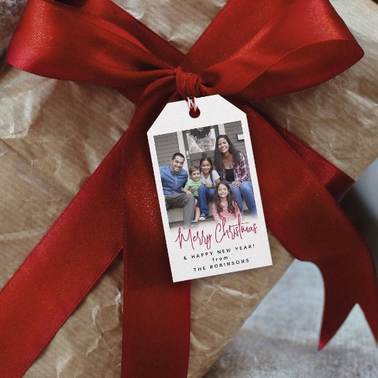 任意の文字モダンシンプルスクリプトとフォトフェスティバルレッド ギフトタグ