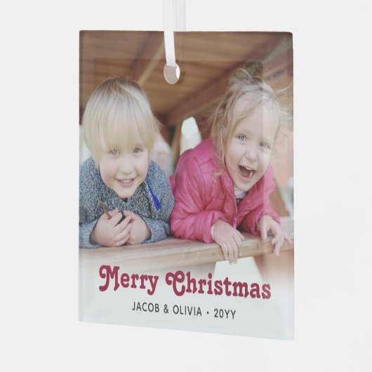 任意の文字レッドレトロタイポグラフィシンプルフォトオーバーレイ ガラスオーナメント (正面左)