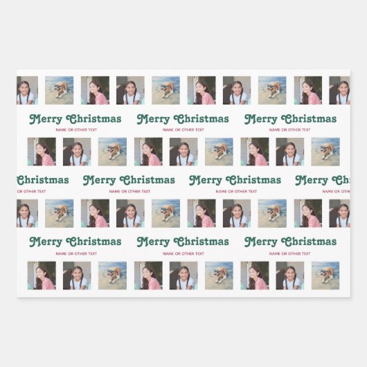 任意の文字レトロレッドグリーンクリスマスフォトコラージュ ラッピングペーパーシート (正面)