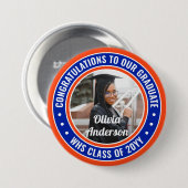 任意の文字卒業写真おめでとうオレンジと青 缶バッジ (正面&裏面)