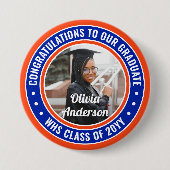 任意の文字卒業写真おめでとうオレンジと青 缶バッジ (正面)