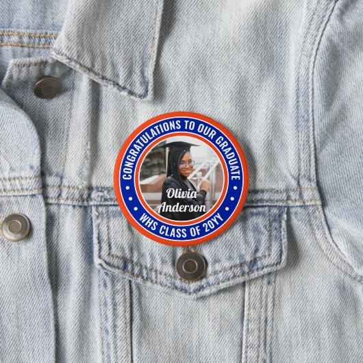 任意の文字卒業写真おめでとうオレンジと青 缶バッジ (インサイチュ)