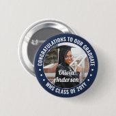 任意の文字卒業写真おめでとうネイビーブルーホワイト 缶バッジ (正面&裏面)