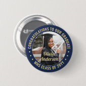 任意の文字卒業写真おめでとうネイビーブルー金ゴールド 缶バッジ (正面&裏面)