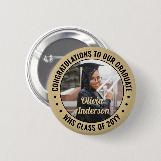 任意の文字卒業写真おめでとうブラックと金ゴールド 缶バッジ (正面&裏面)