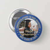 任意の文字卒業写真おめでとうブルーと金ゴールド 缶バッジ (正面&裏面)