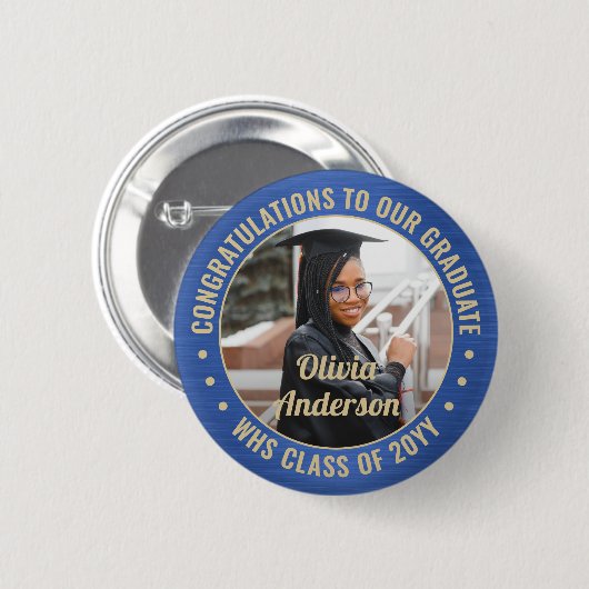 任意の文字卒業写真おめでとうブルーと金ゴールド 缶バッジ (正面&裏面)