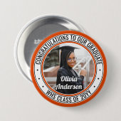 任意の文字卒業写真オレンジ色の白黒 缶バッジ (正面&裏面)