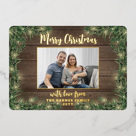 任意の文字素朴1フォトウッド、松&ストリングライト 箔シーズンカード (正面)