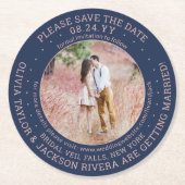 任意の文字結婚式の日付を保存するPhoto Navyとピンク ラウンドペーパーコースター (正面)