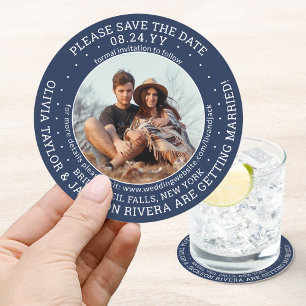 任意の文字結婚式の日付を保存するPhoto Navy & White ラウンドペーパーコースター