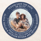 任意の文字結婚式の日付を保存するPhoto Navy & White ラウンドペーパーコースター (正面)