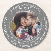 任意の文字結婚式の日付を保存フォトグレー&ホワイト ラウンドペーパーコースター (正面)