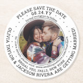 任意の文字結婚式の日付を保存フォトブラック&ホワイト ラウンドペーパーコースター (正面)