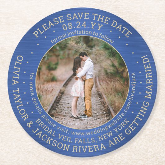 任意の文字結婚式の日付を保存フォトブルーと金ゴールド ラウンドペーパーコースター (正面)