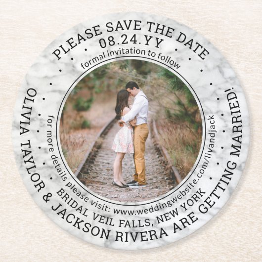 任意の文字結婚式の日付を保存フォトマーブルフェイク ラウンドペーパーコースター (正面)