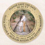 任意の文字結婚式の日付を保存フォト金ゴールド&ブラック ラウンドペーパーコースター (正面)