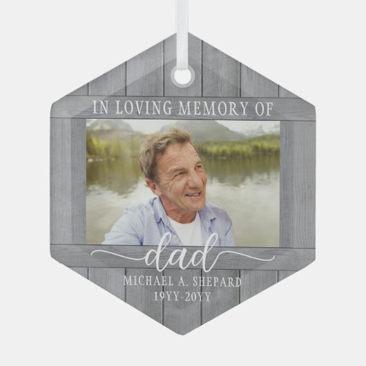 任意の文字1フォトメモリアルグレイフェイクウッド六角形 ガラスオーナメント (正面)