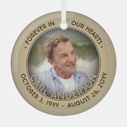 任意の文字1フォトメモリアルブラックと金ゴールドフォイルフェイク ガラスオーナメント (正面)