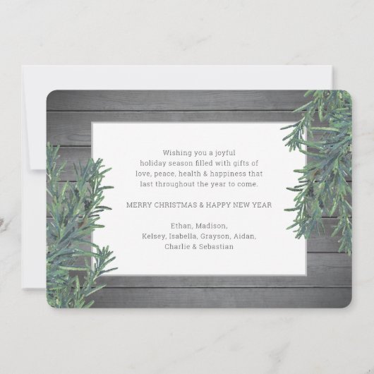 任意の文字10フォトコラージュ&キャプションウッドとパイン シーズンカード (裏面)