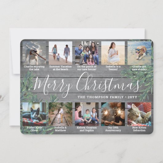 任意の文字10フォトコラージュ&キャプションウッドとパイン シーズンカード (正面)