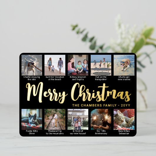 任意の文字11フォトクリスマスコラージブラックエレガント 箔シーズンカード (立ち正面)