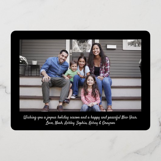 任意の文字11フォトクリスマスコラージブラックエレガント 箔シーズンカード (裏面)