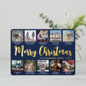 任意の文字11フォトコラージュシンプルのネイビーブルー&金ゴールド 箔シーズンカード (立ち正面)