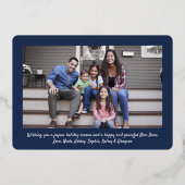 任意の文字11フォトコラージュシンプルのネイビーブルー&金ゴールド 箔シーズンカード (裏面)