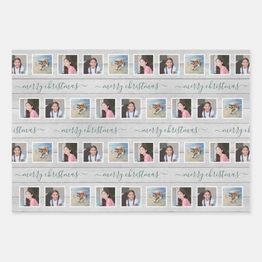 任意の文字12フォトコラージファームハウスウッドクリスマス ラッピングペーパーシート (正面)